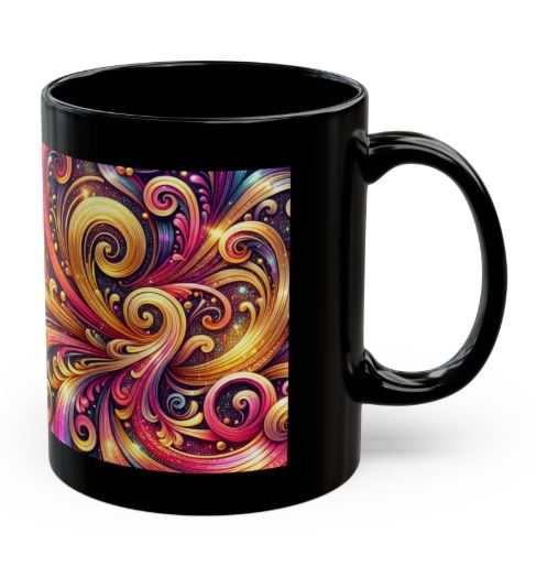 right side view of black 11oz mug featuring Golden Ember Resonance flowing swirl design with warm vibrant colors