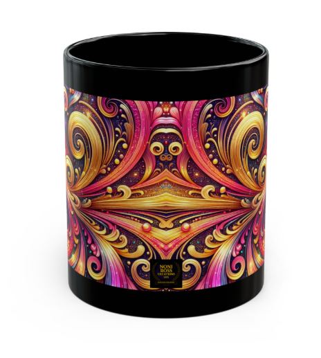 black mug side view with no handle, showing edge of Golden Ember Resonance design wrapping along side panel