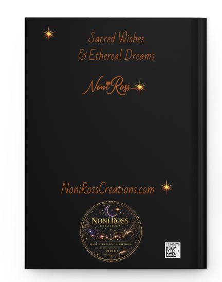 Back cover of witch journal with sacred wishes and ethereal dreams phrase and Noni Ross Creations seal