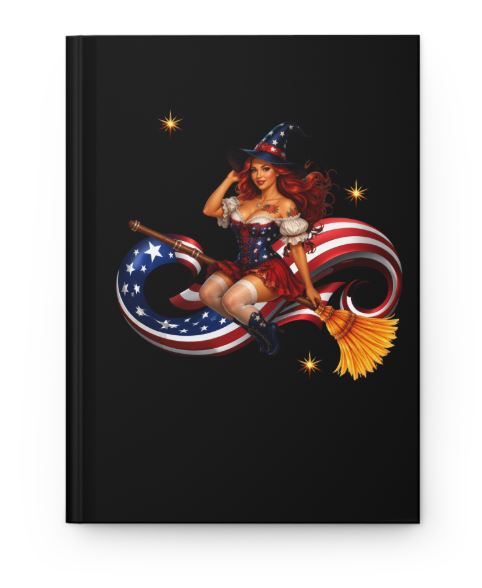 Patriotic witch hardcover journal featuring red haired witch design on matte black notebook cover
