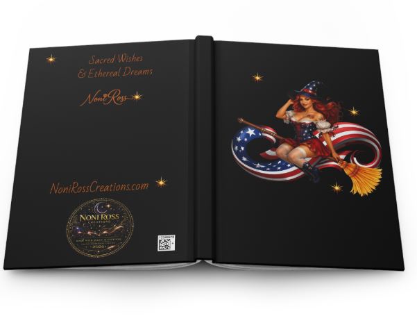 Stylish notebook with witch design placed on workspace with pens and accessories
