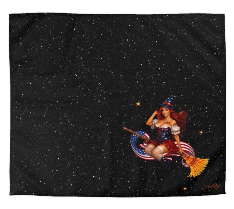king duvet cover with minimalist patriotic witch design centered on black starry background displayed on bed