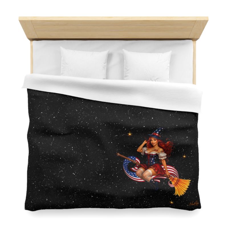 minimalist black king bedding with single witch artwork styled in modern bedroom setting
