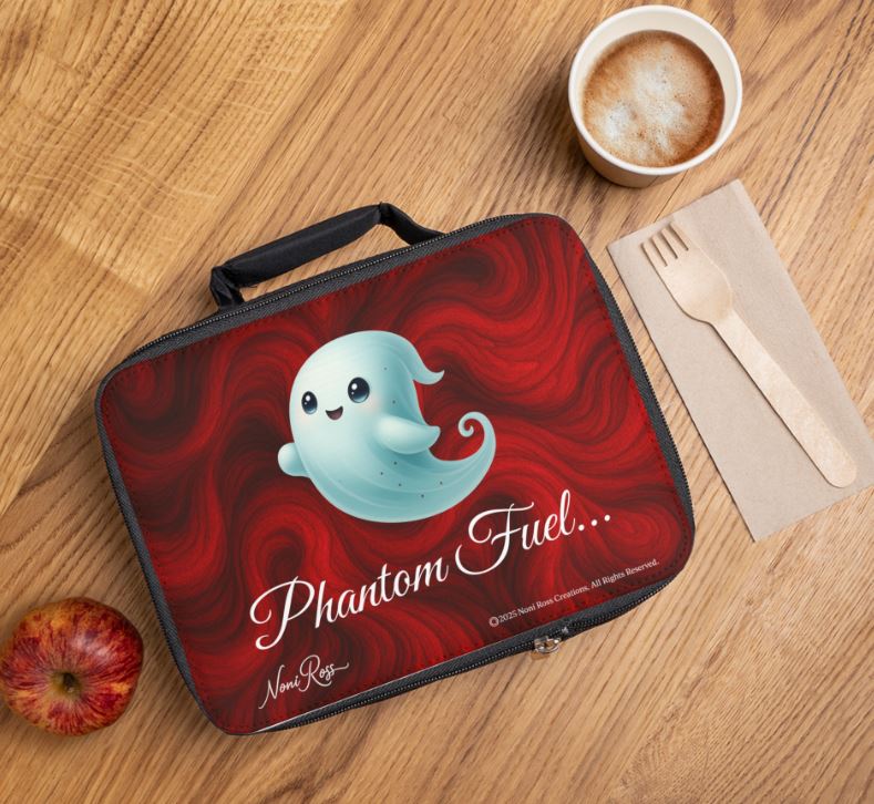 BOO Crew ghost lunch box in lifestyle setting cute spooky lunch bag Noni Ross Creations