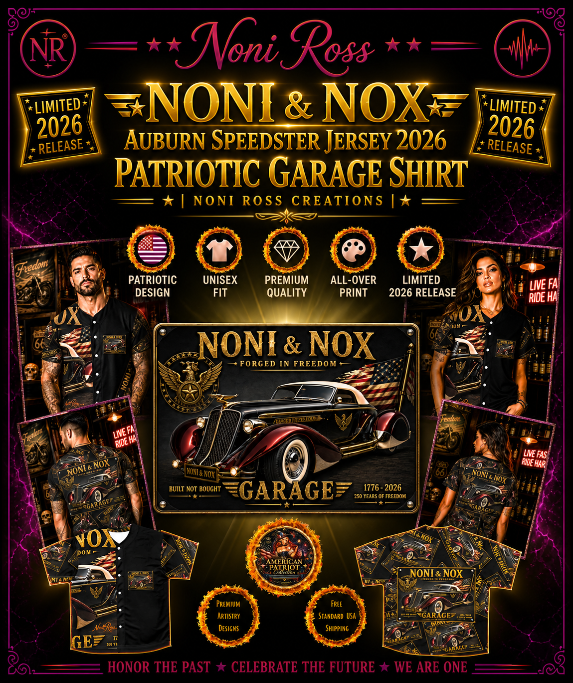 Full promotional layout of Noni & Nox Auburn Speedster jersey showing front, back, and pattern views with patriotic garage theme and 2026 freedom tribute