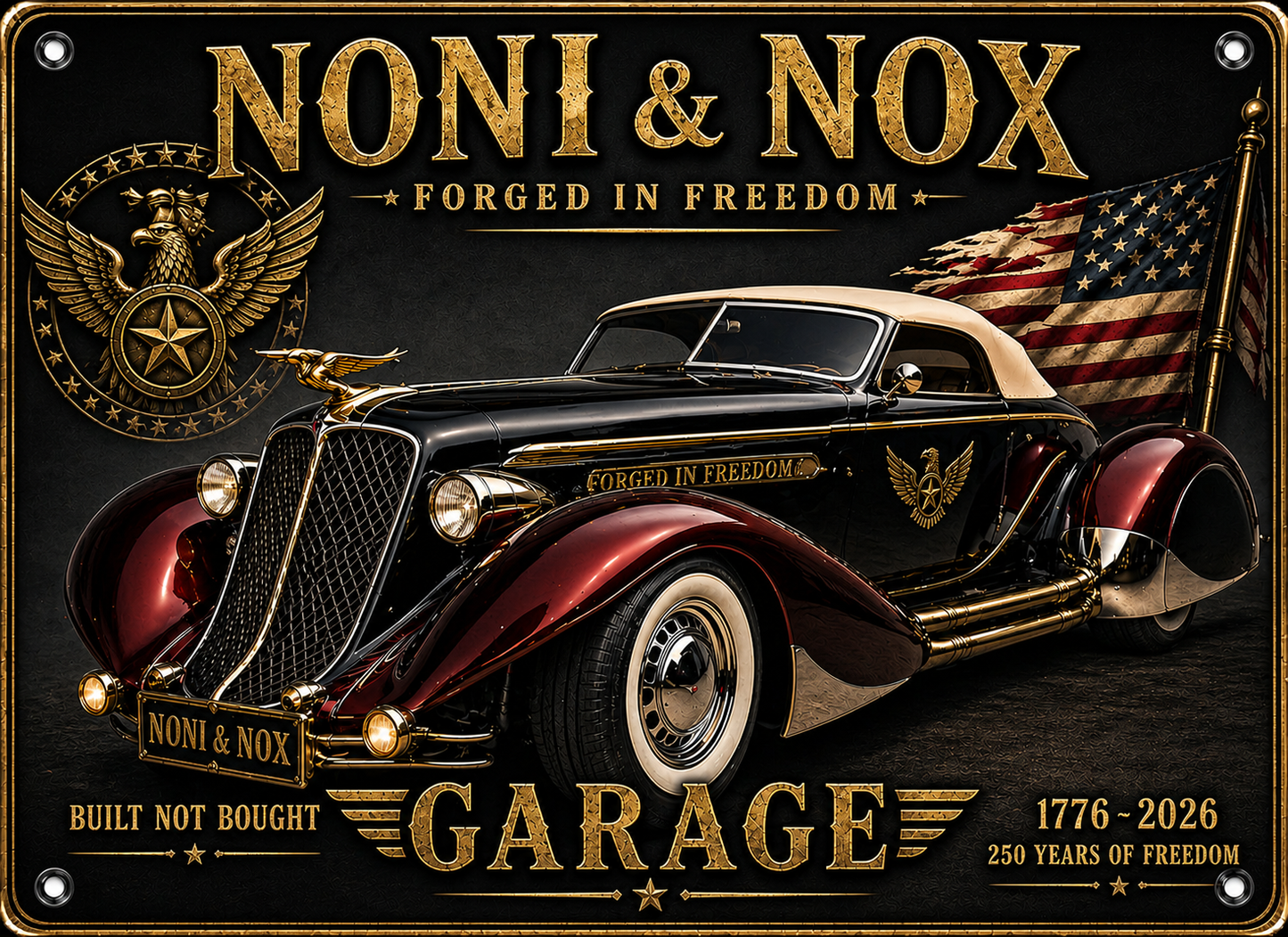 Noni & Nox Auburn Speedster jersey featuring vintage black and red classic car with gold patriotic garage design 2026 all-over print shirt