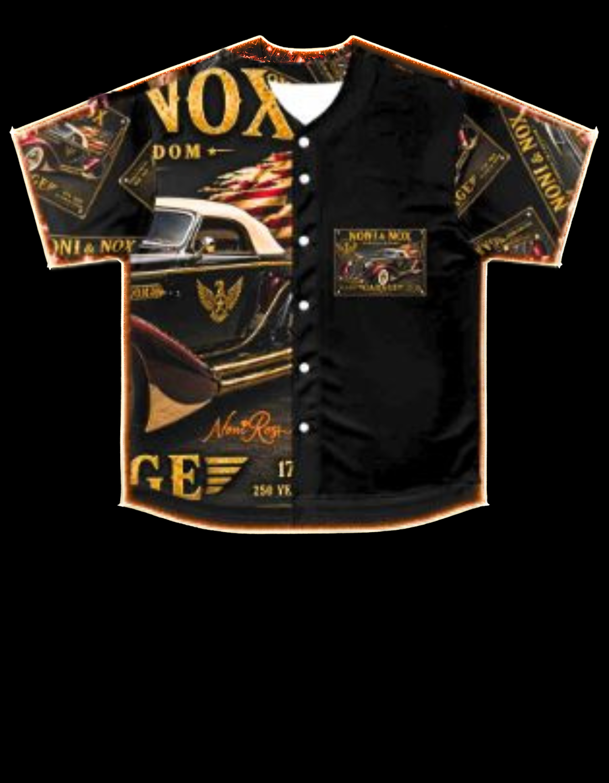Flat front Auburn Speedster jersey with glow outline highlighting vintage car design and premium gold accents for high-impact display