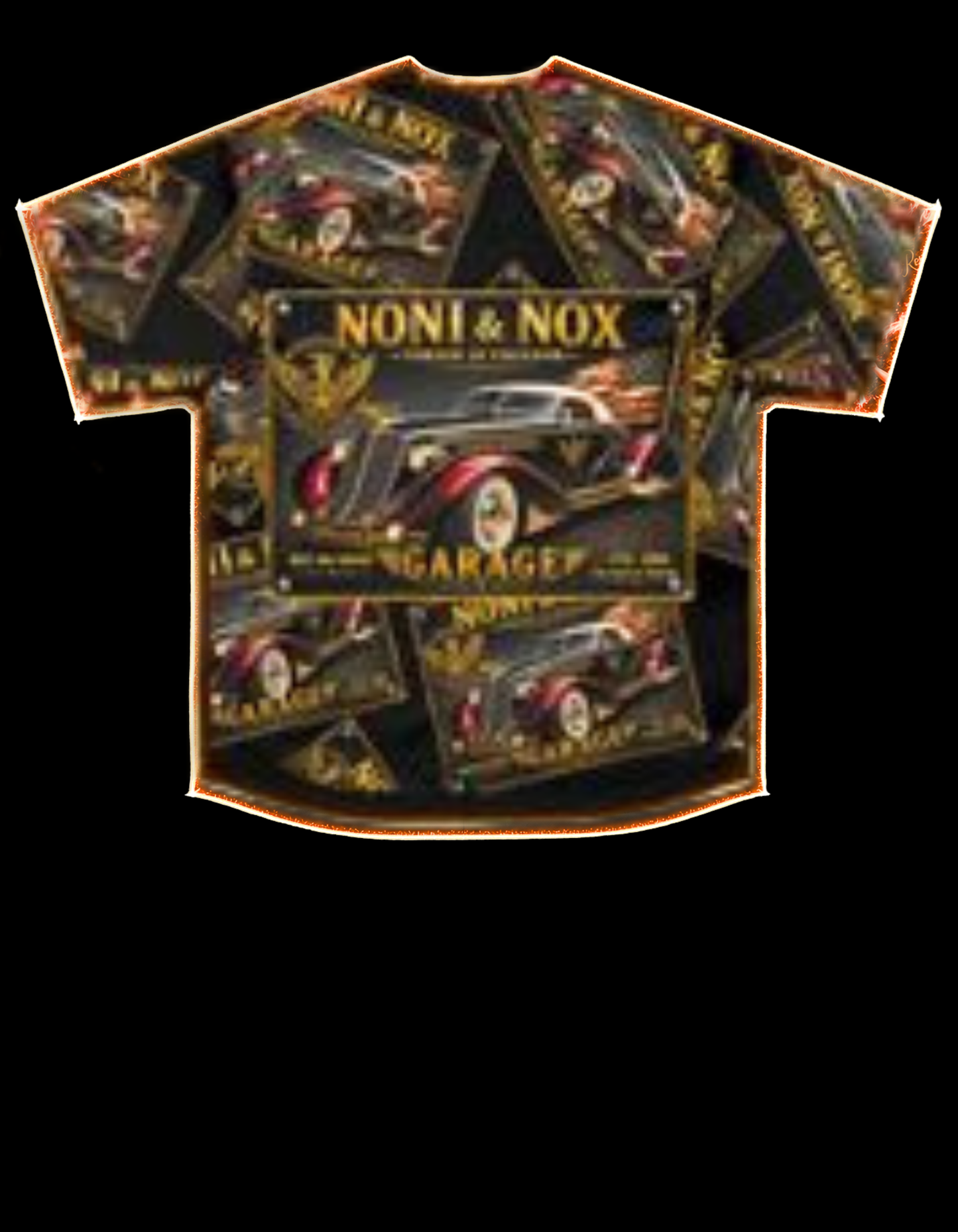 Flat back Auburn Speedster jersey with glow outline emphasizing repeating vintage car pattern and bold all-over print design