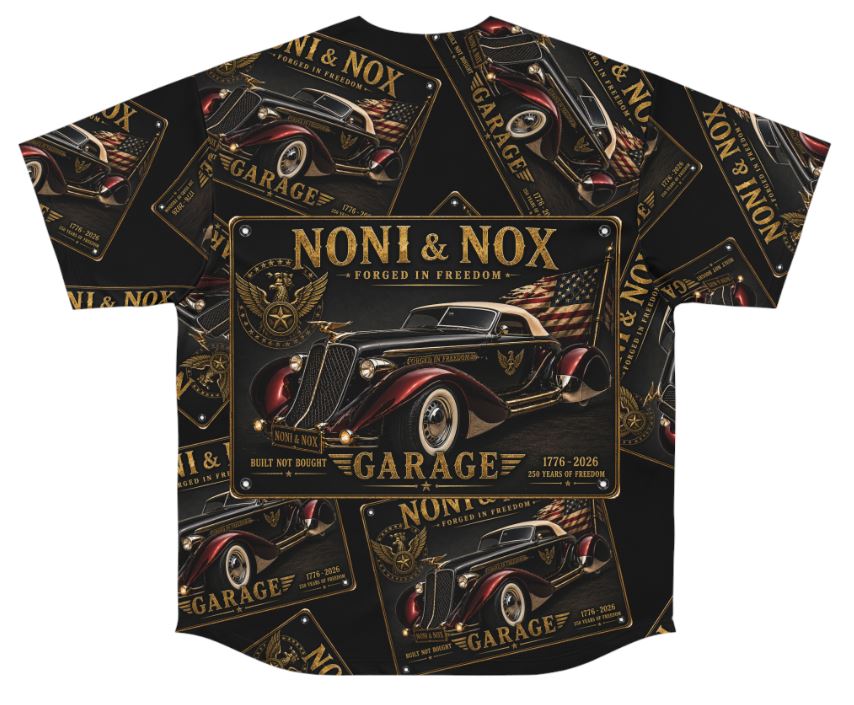 Flat back view of Auburn Speedster jersey showing seamless repeating pattern of vintage cars and patriotic garage theme
