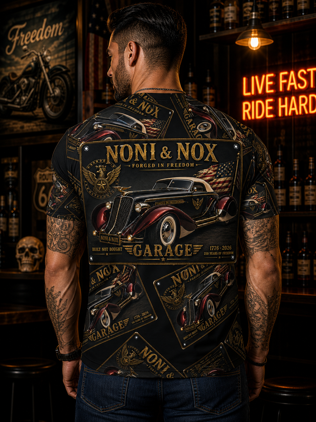 Male model back view wearing Auburn Speedster jersey with repeating vintage car pattern and patriotic garage theme design