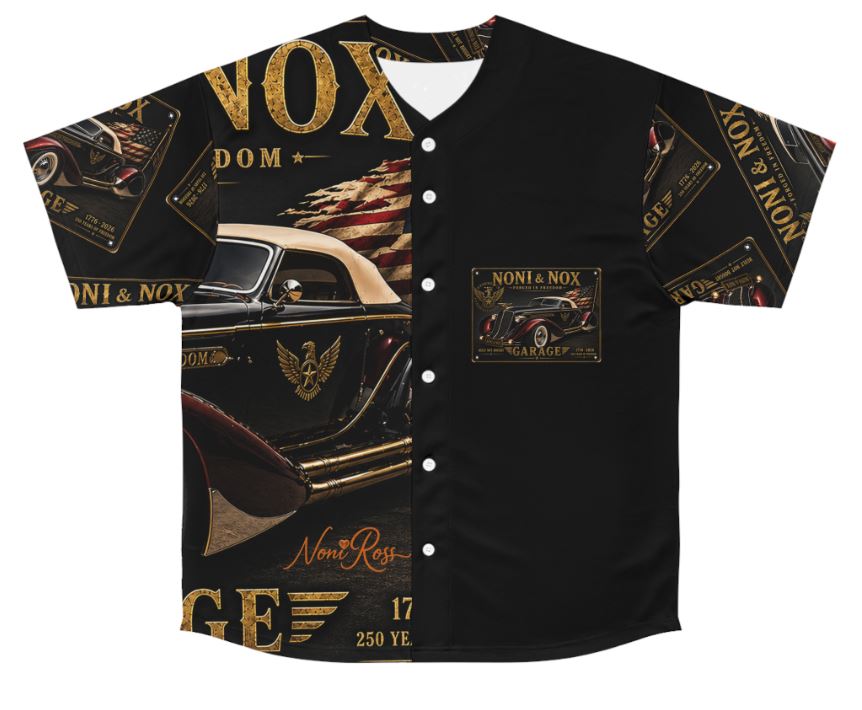 Flat lay front view of Auburn Speedster jersey showing large vintage car graphic with gold garage typography and American flag detail