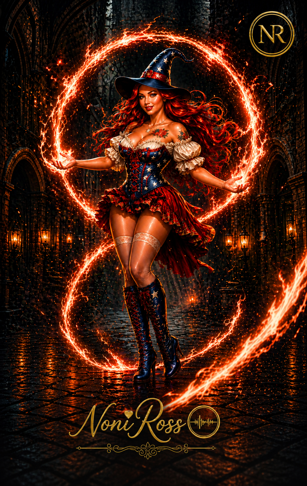 Patriotic gothic witch design by Noni Ross with glowing fire ring, red hair, star-spangled corset, and fantasy magic scene in dramatic night setting