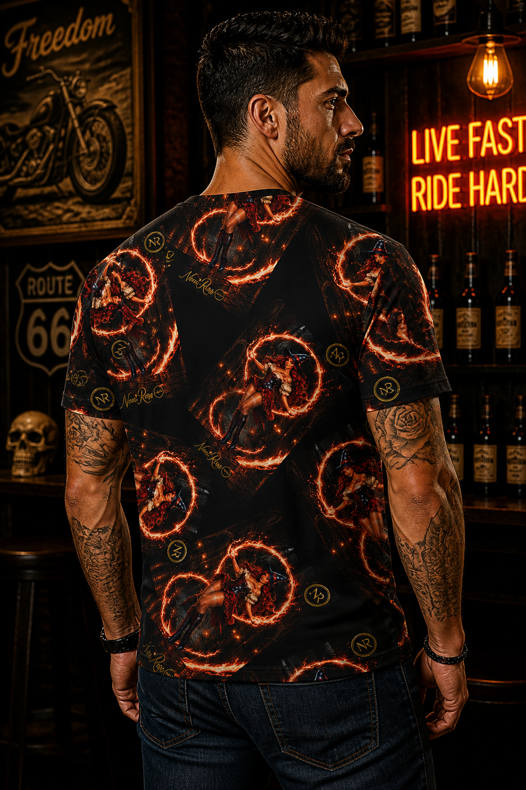 Noni Fire Ring Independence Jersey 2026 male model back view showcasing all-over fire ring pattern with repeating Noni witch artwork, black unisex patriotic jersey