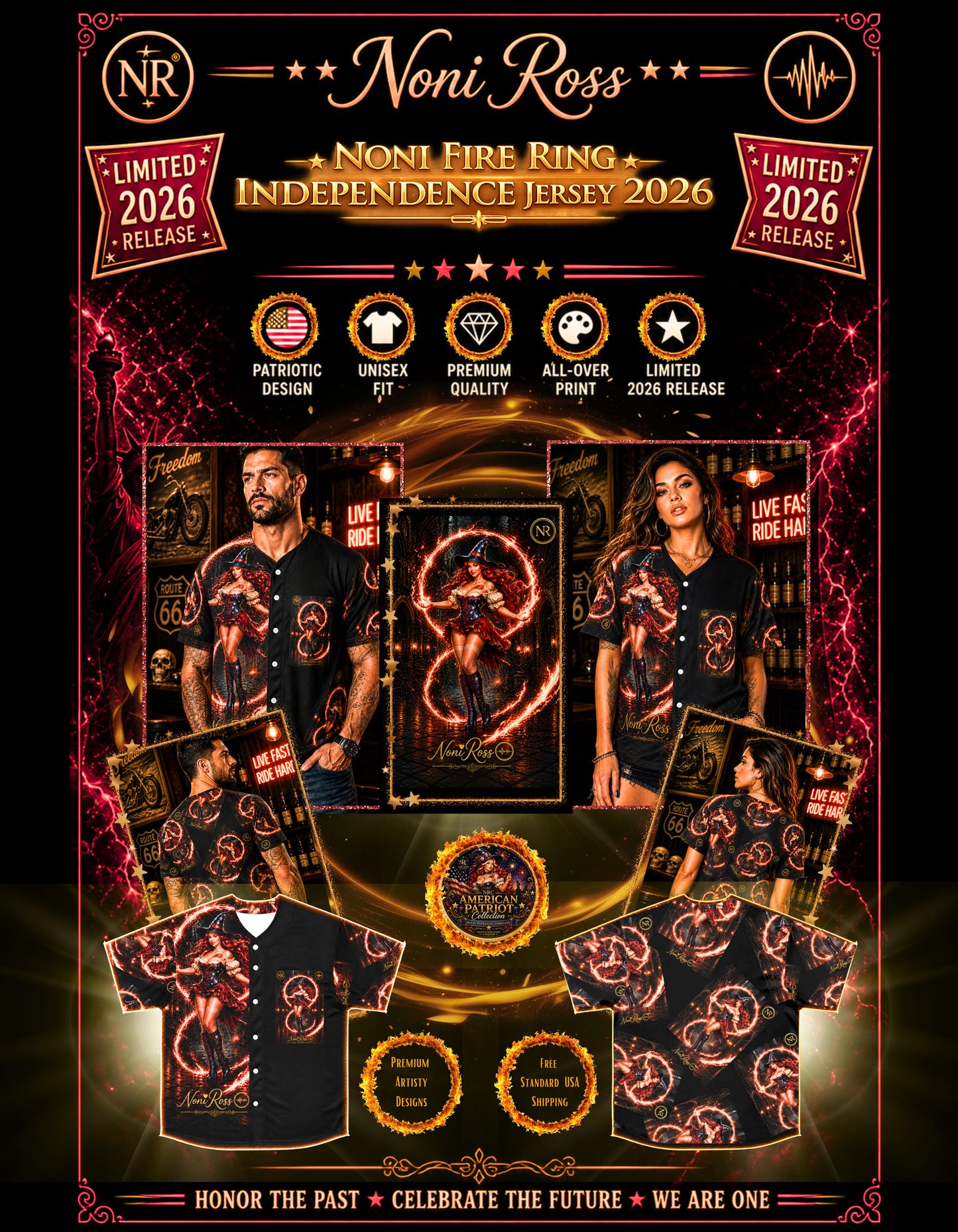 Noni Fire Ring Independence Jersey 2026 promotional collage featuring male and female models front and back views, flat lay shirt images, patriotic witch artwork with fiery ring effects, black all-over print unisex jersey, limited 2026 release USA themed apparel
