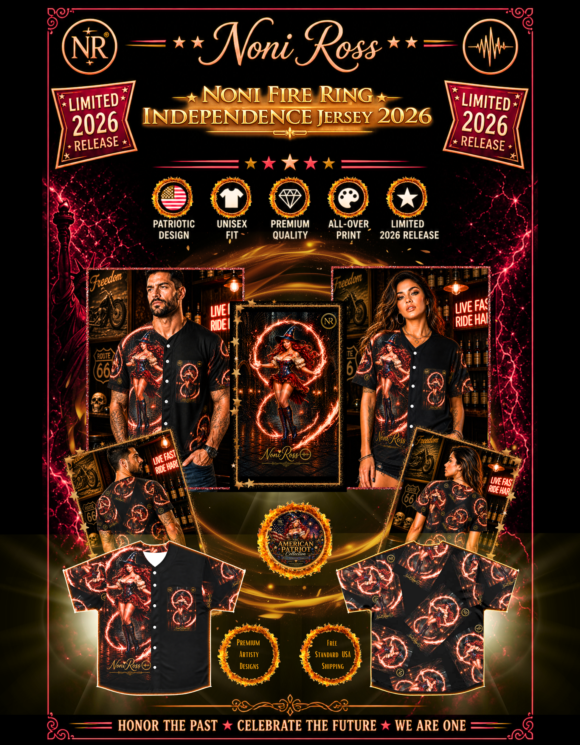 Noni Fire Ring Independence Jersey 2026 promotional collage featuring male and female models front and back views, flat lay shirt images, patriotic witch artwork with fiery ring effects, black all-over print unisex jersey, limited 2026 release USA themed apparel