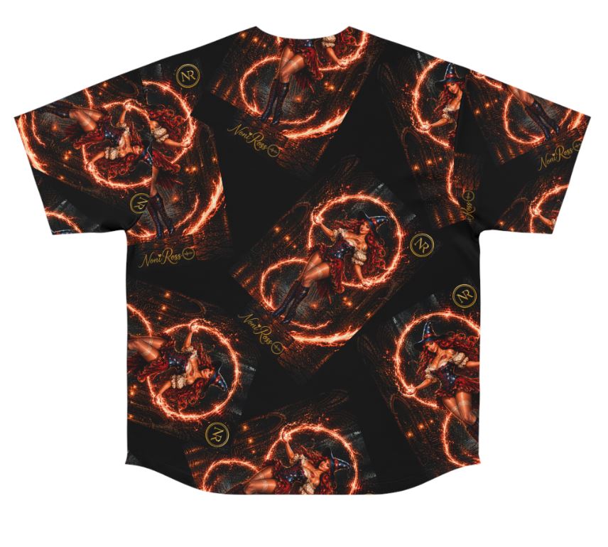 Noni Fire Ring Independence Jersey 2026 flat back view displaying repeating fire ring pattern with Noni witch artwork across black fabric, all-over print unisex jersey
