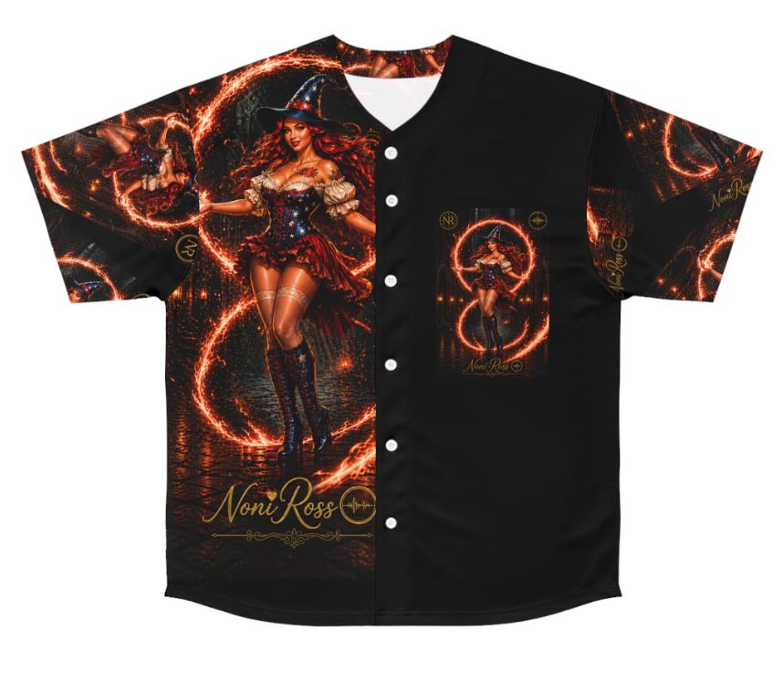 Noni Fire Ring Independence Jersey 2026 flat front view showing detailed patriotic witch illustration with fiery ring effects on black button jersey, premium all-over print design