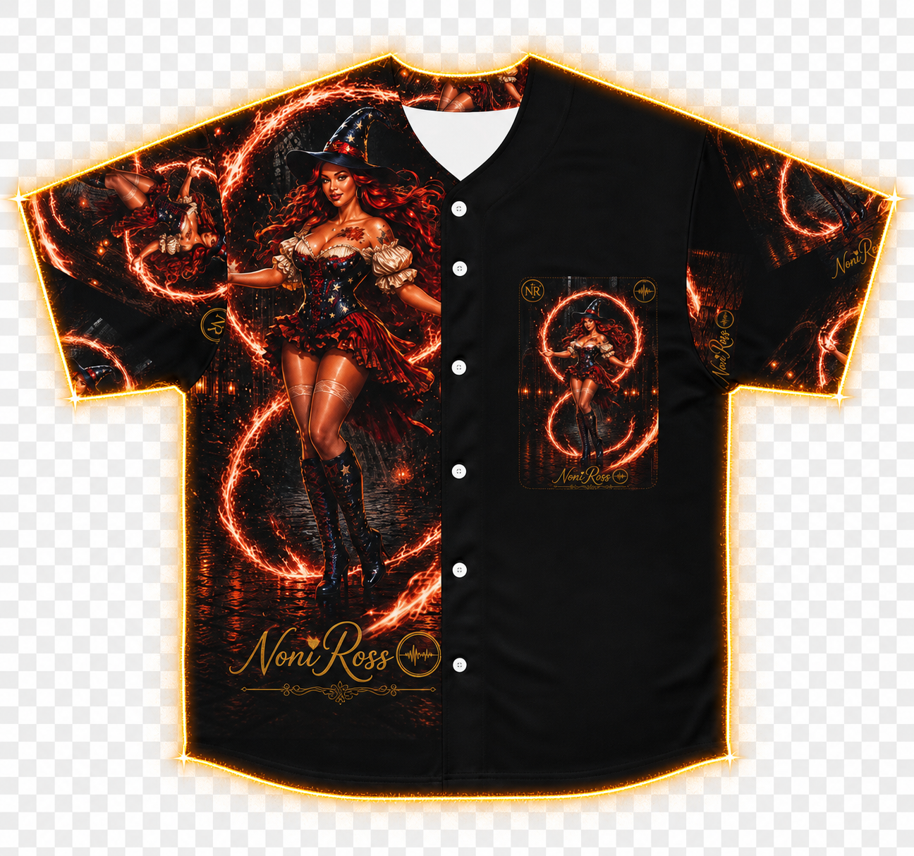 Noni Fire Ring jersey front flat with glowing gold outline, fiery witch artwork and circular flame magic design, premium all-over print Noni Ross Creations shirt