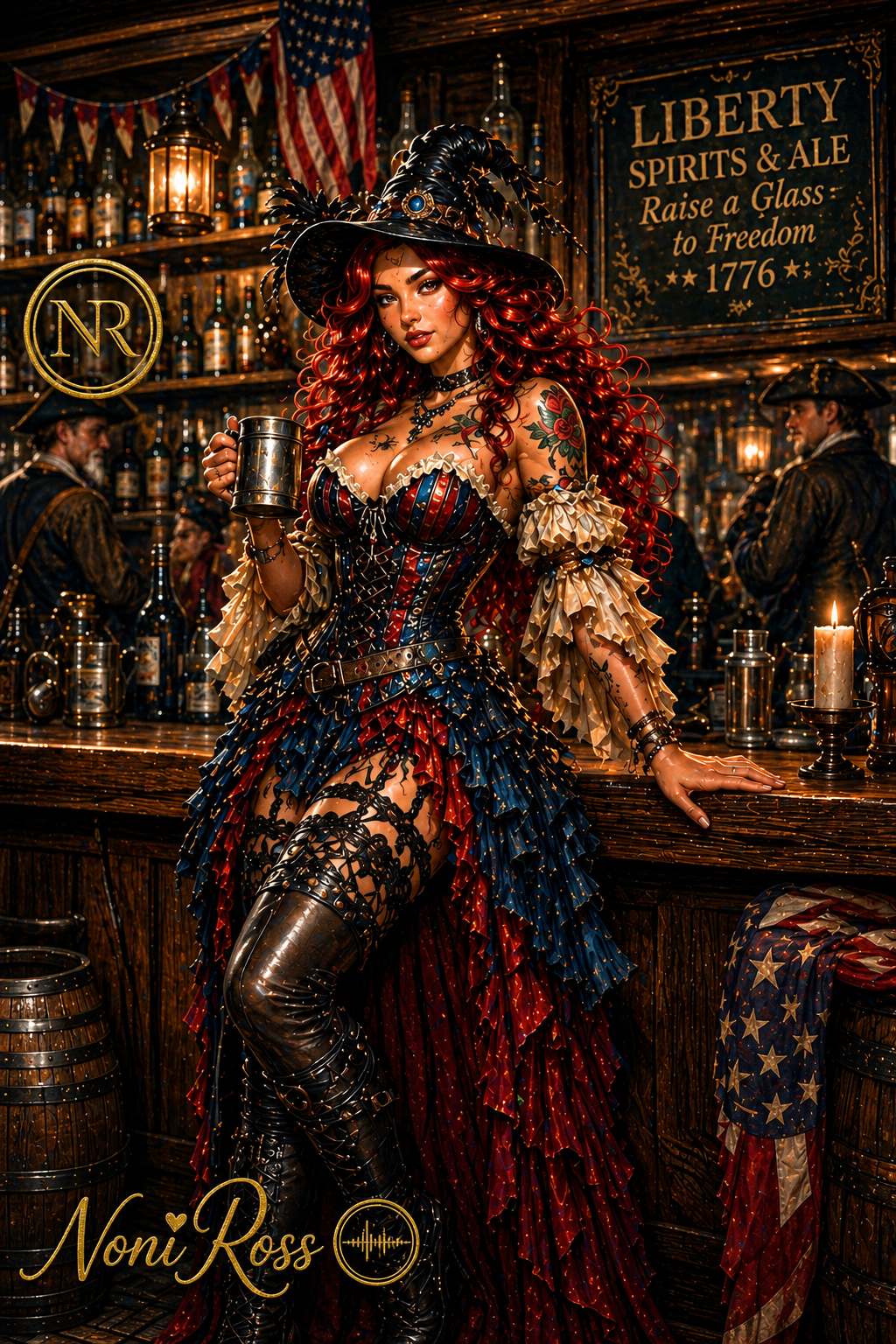 Vintage patriotic gothic witch design by Noni Ross with red hair, corset dress, tavern bar scene, American flag accents, and fantasy Americana aesthetic