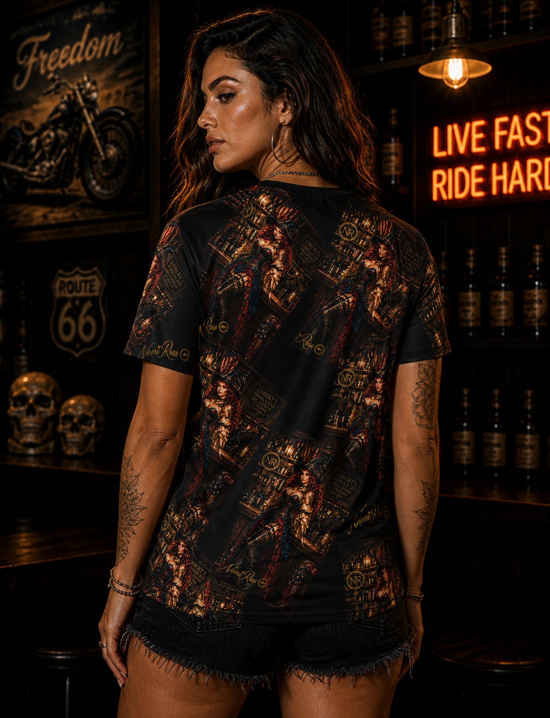 Female model back view wearing Noni Limited Independence Jersey 2026 highlighting full all-over print design with detailed patriotic steampunk artwork and fitted silhouette