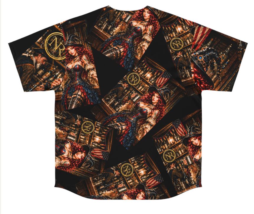 Noni Limited Independence Jersey 2026 back flat lay shirt displaying full repeating all-over print design with rich patriotic steampunk artwork on black fabric