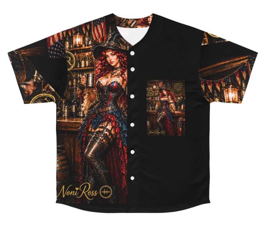 Noni Limited Independence Jersey 2026 front flat lay shirt showing clean all-over print design with black panel contrast and detailed patriotic steampunk artwork
