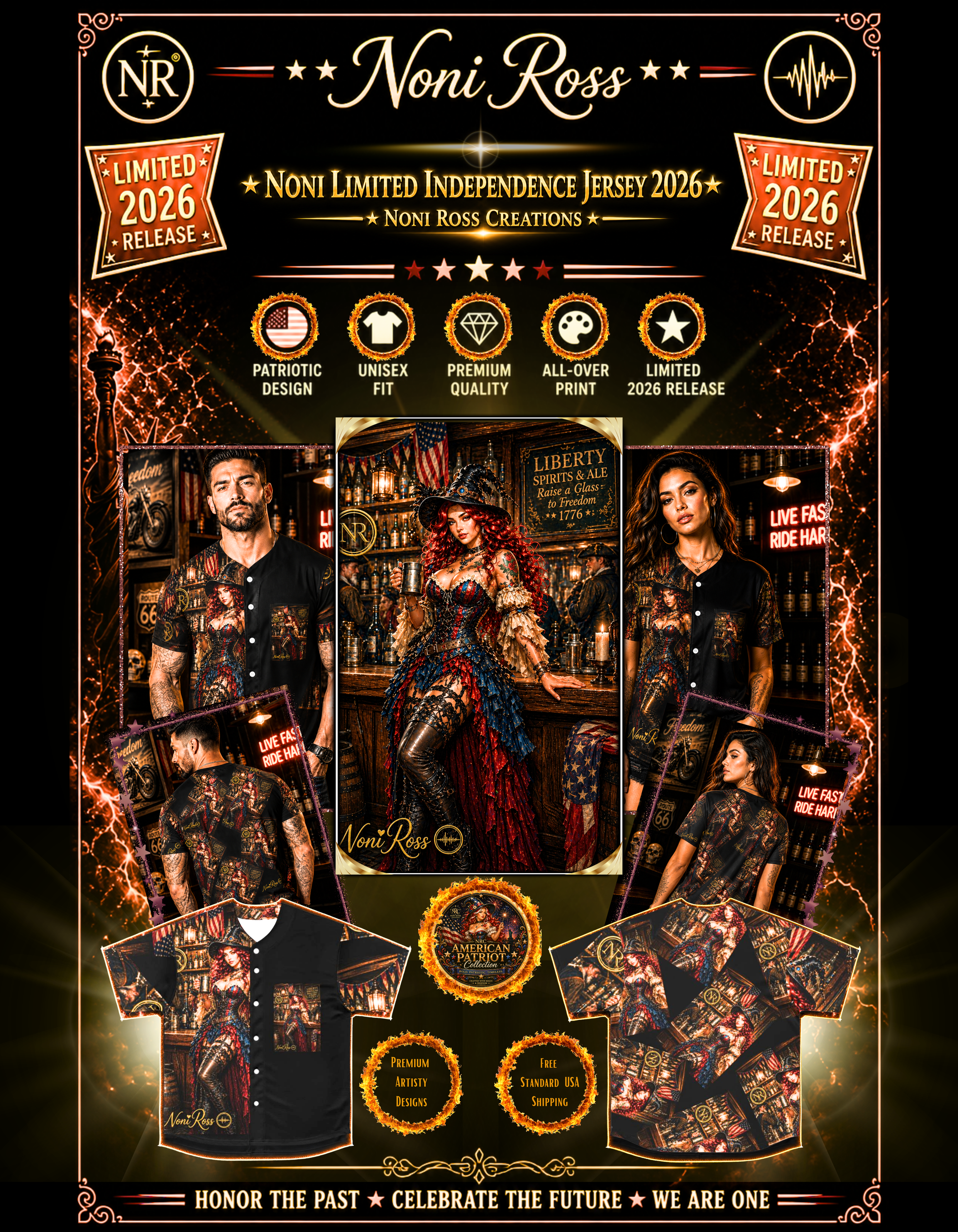 Noni Limited Independence Jersey 2026 all-in-one listing featuring male and female models, front and back shirt views, patriotic steampunk design with gold accents and premium branding