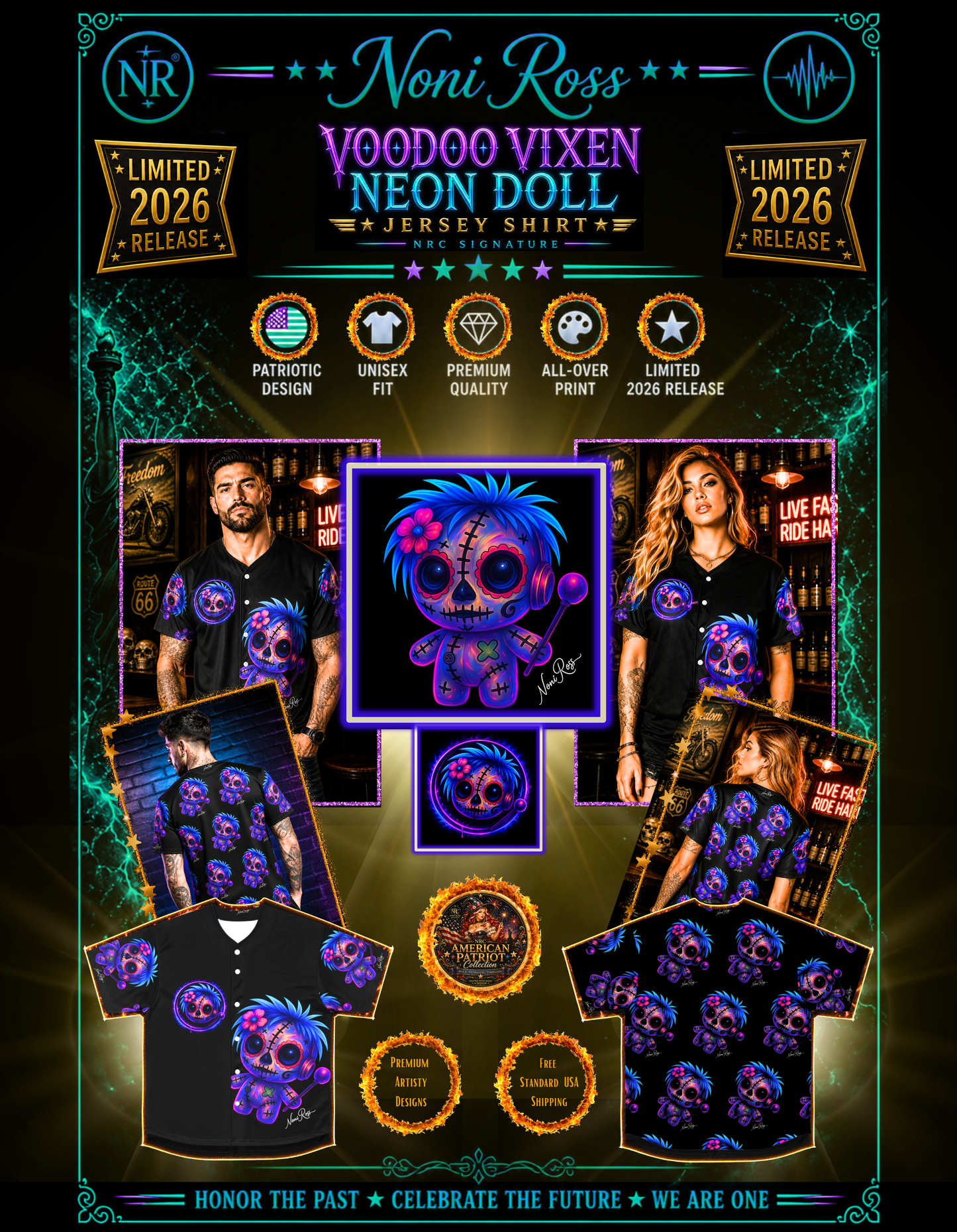 Composite image of Voodoo Vixen jersey shirt showing front, back, and model views with neon gothic styling