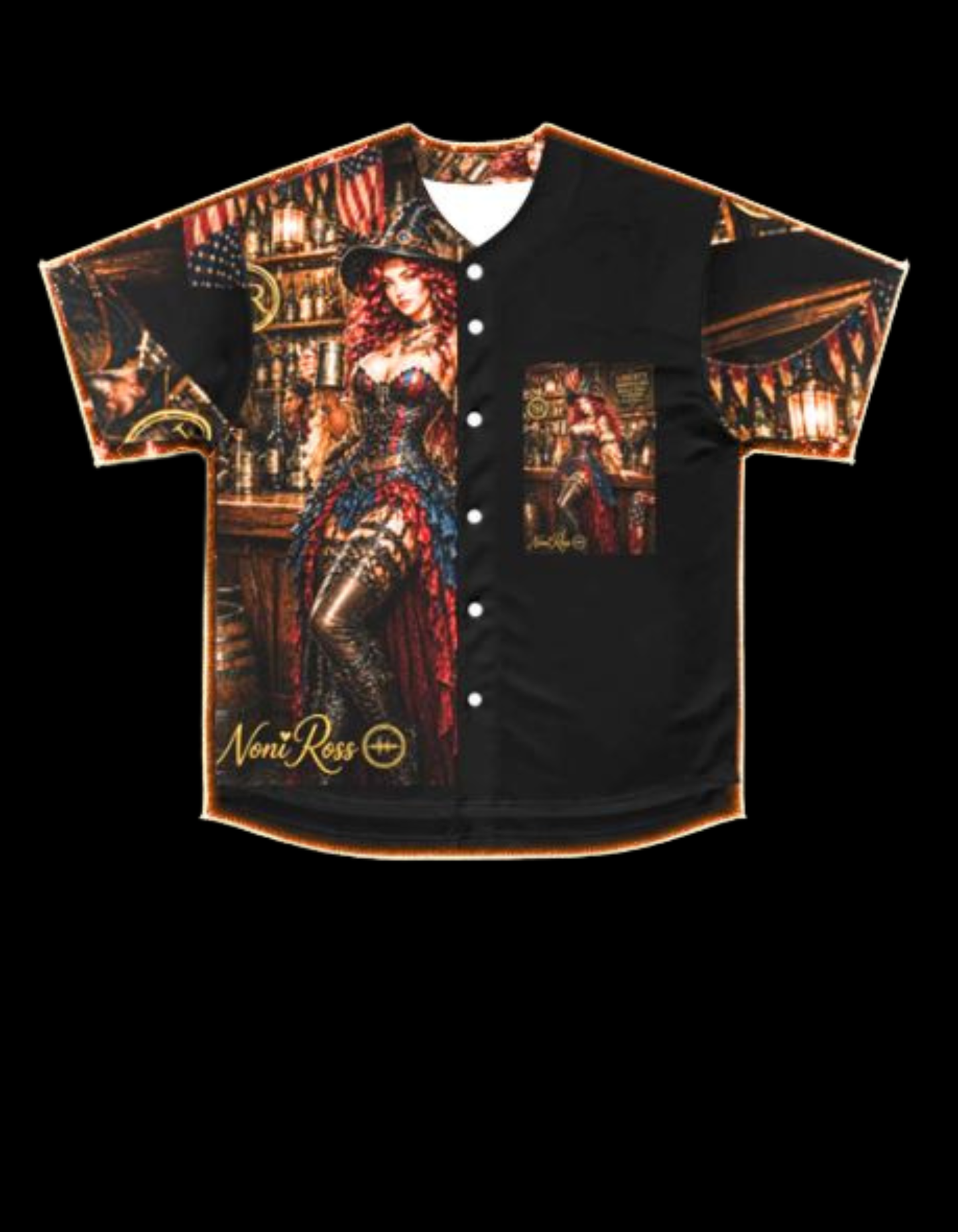 Noni Limited Independence Jersey 2026 front flat lay shirt with glowing trim effect highlighting premium all-over print design and bold patriotic steampunk artwork