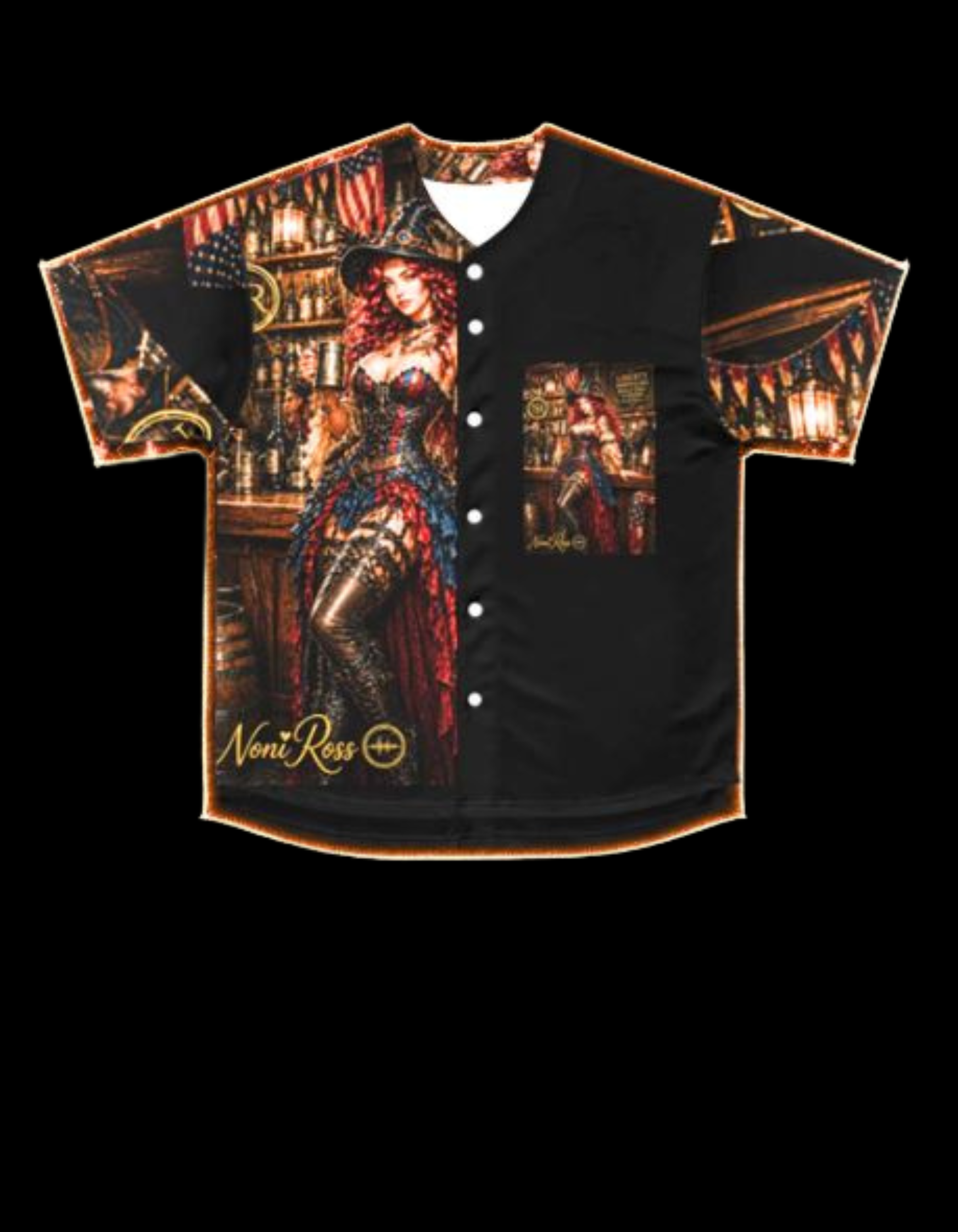 Noni Limited Independence Jersey 2026 front flat lay shirt with glowing trim effect highlighting premium all-over print design and bold patriotic steampunk artwork