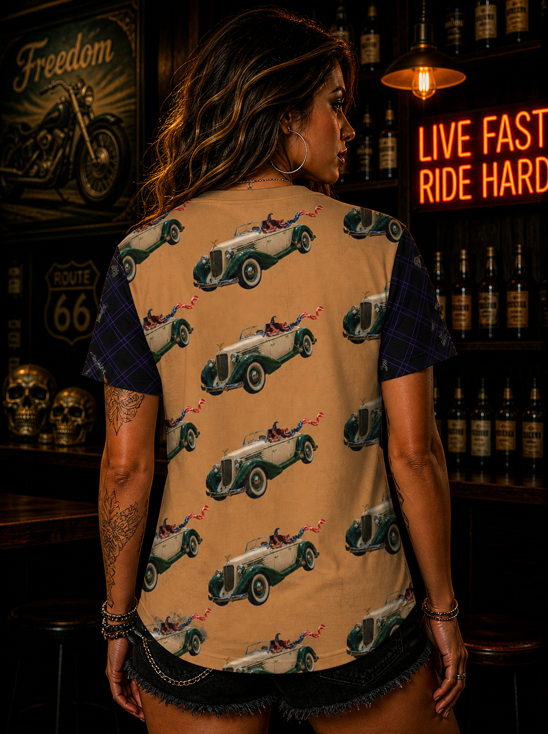 Female model wearing Noni Speedster jersey back view showing seamless pattern flow and sleeve contrast