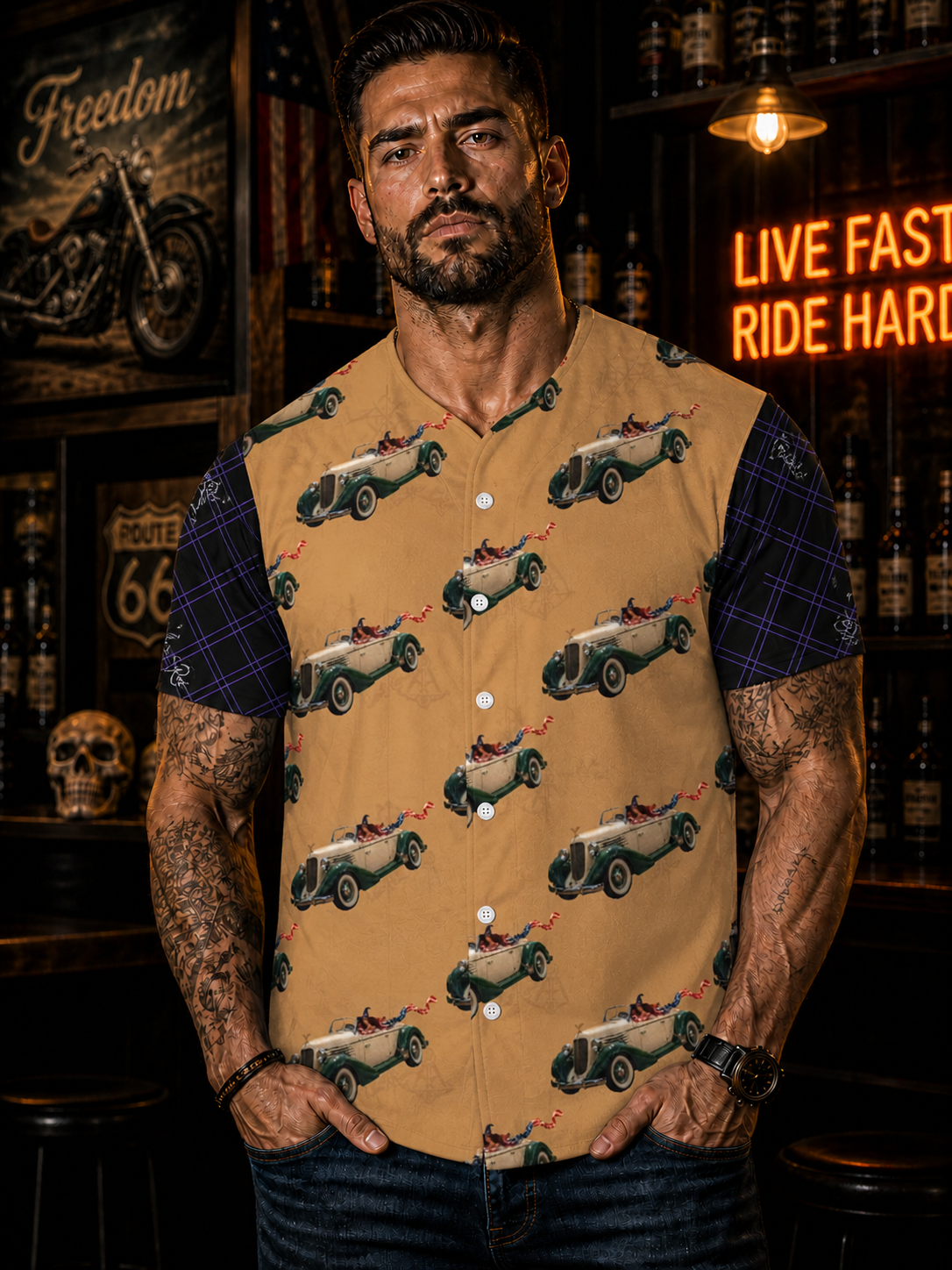 Male model wearing Noni Speedster two-tone jersey front view showing structured fit and bold sleeve contrast