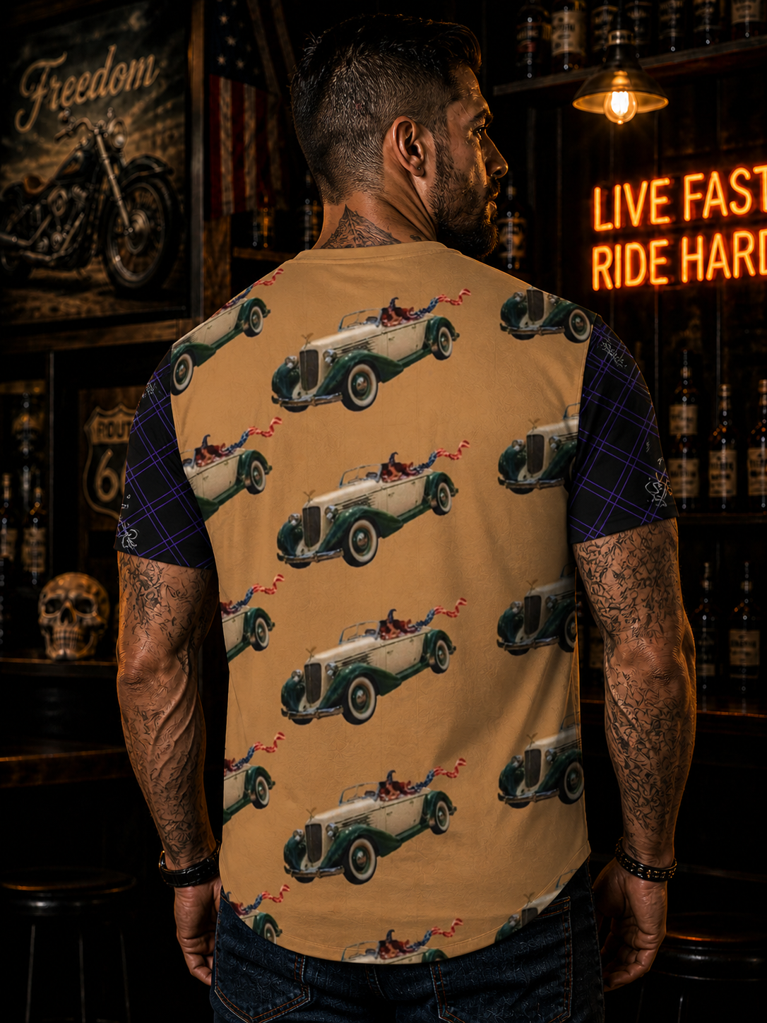 Male model wearing Noni Speedster jersey back view displaying full pattern and balanced spacing
