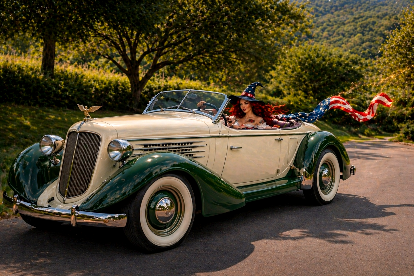 Noni riding vintage speedster with flowing hair and American flag detail in high-resolution artwork