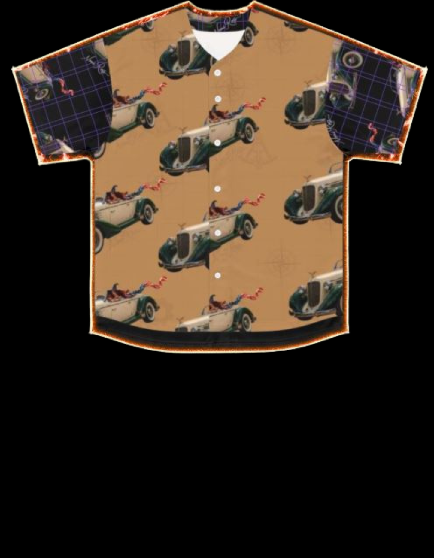 Noni Speedster jersey front with glow outline highlighting two-tone structure and vintage car artwork