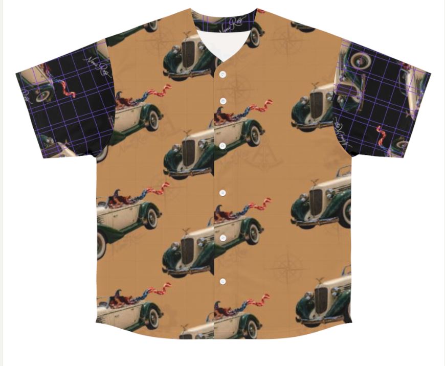 Noni Speedster two-tone jersey front view with tan body and black steampunk patterned sleeves featuring vintage car design