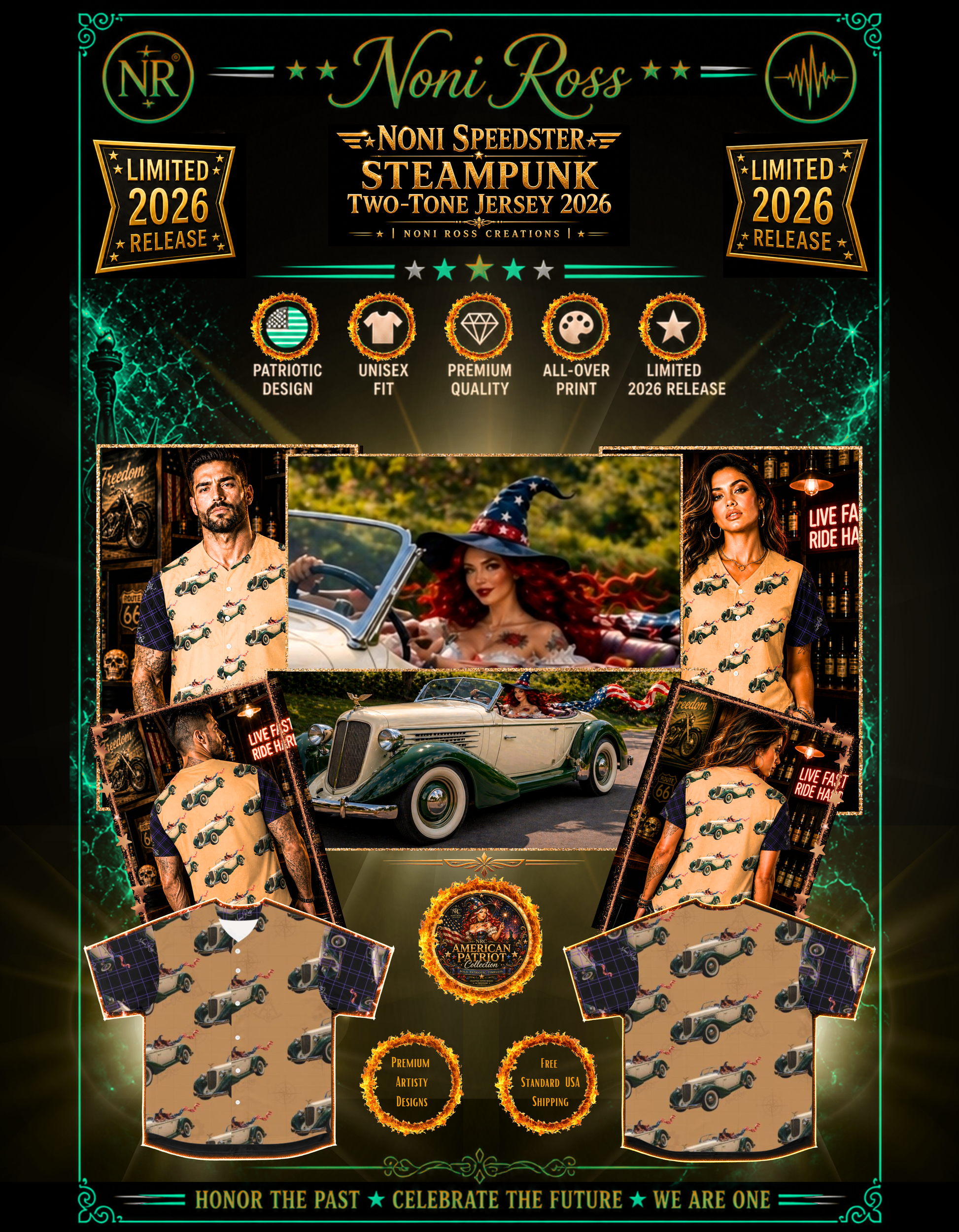 Composite listing image showing front, back, model views, and detailed pattern of Noni Speedster two-tone jersey