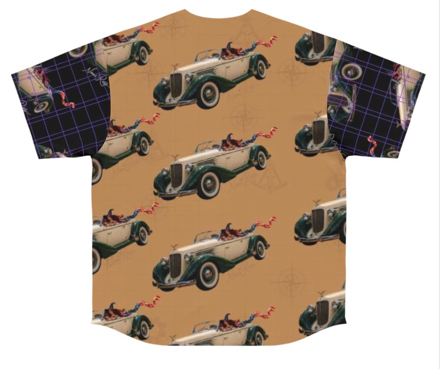 Noni Speedster jersey back view showing full repeating vintage car pattern with two-tone sleeve contrast