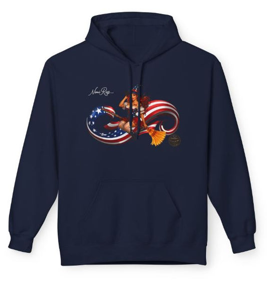 Navy hoodie with red white blue infinity flag and pinup witch design