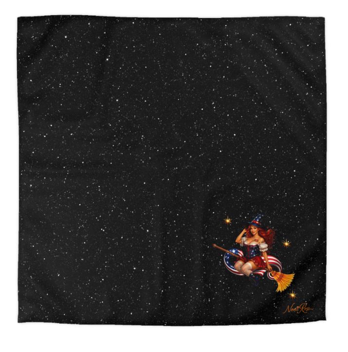 Minimal patriotic pinup witch Queen duvet cover with black starry background and single Noni broom design