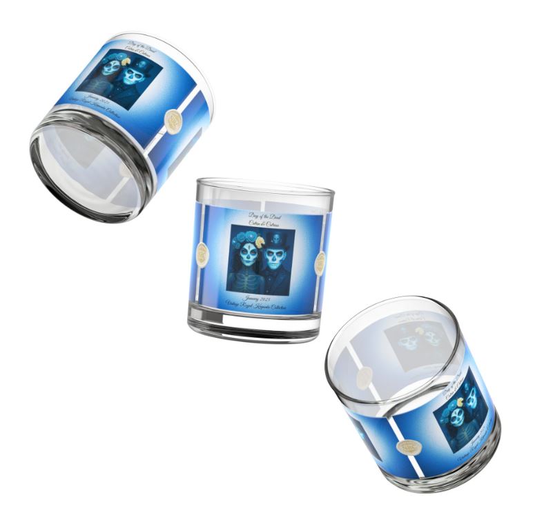 blue day of the dead couple whiskey glass displayed on clean background elegant rocks glass mockup