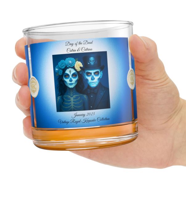 day of the dead couple rocks glass in blue gradient design styled for giftable barware presentation