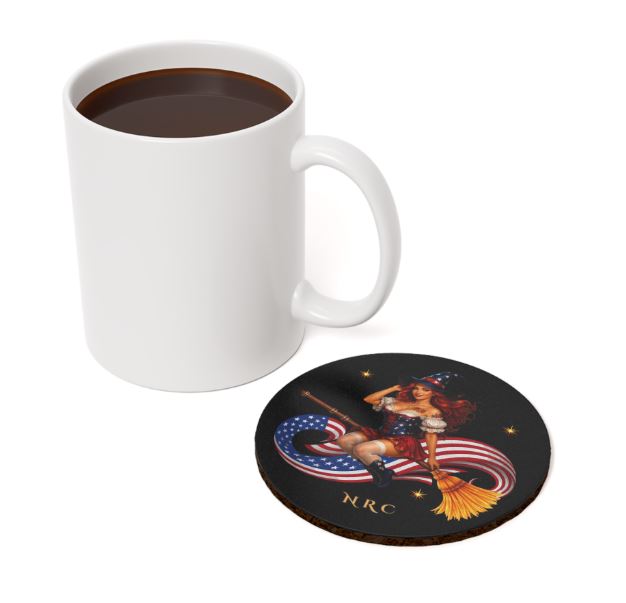 Round witch coaster displayed with coffee mug showing patriotic pinup design and glossy finish