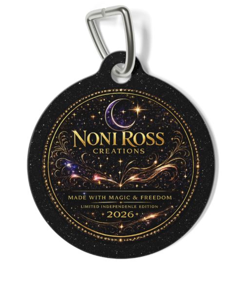 Back side of NRC pet tag showing matching celestial design on glossy metal surface