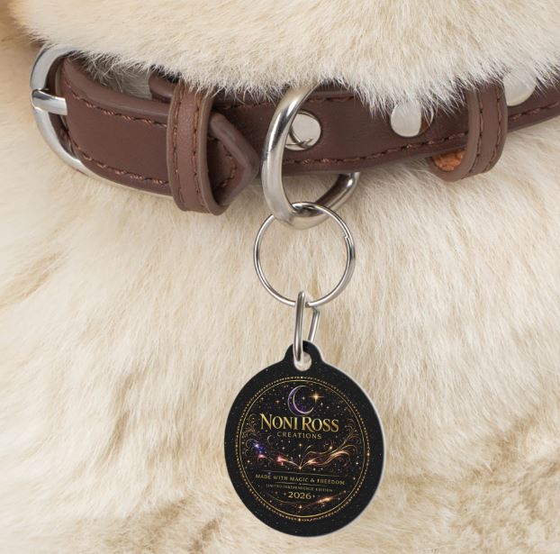 NRC pet tag displayed on cat collar with soft lighting and indoor home setting