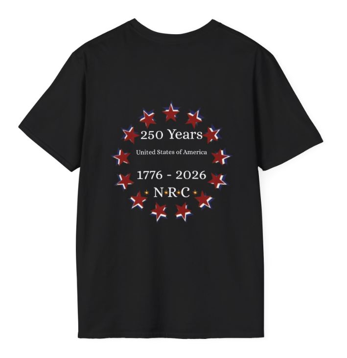black t shirt with circular 1776 2026 usa 250 years celebration star emblem