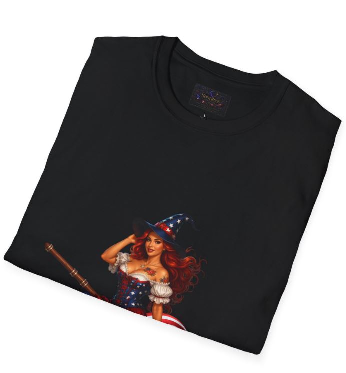 folded black patriotic shirt showing vibrant witch design and soft cotton fabric