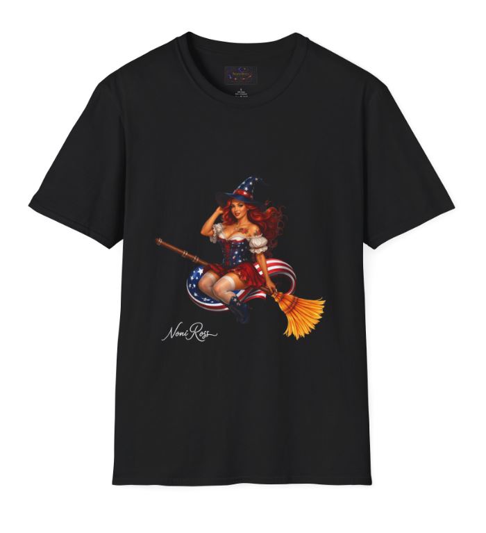 black shirt with patriotic witch riding broom red white blue graphic design