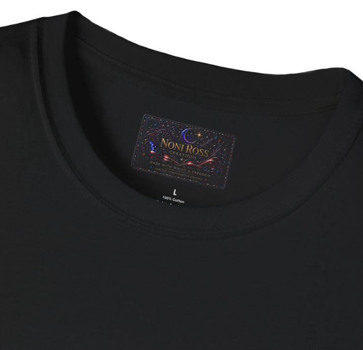 black shirt neckline label with Noni Ross CreationsCreationsCreationsCreationsCreationsCreationsCreations branding