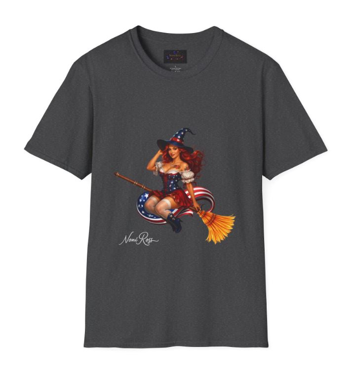 dark heather shirt featuring patriotic witch riding broom design
